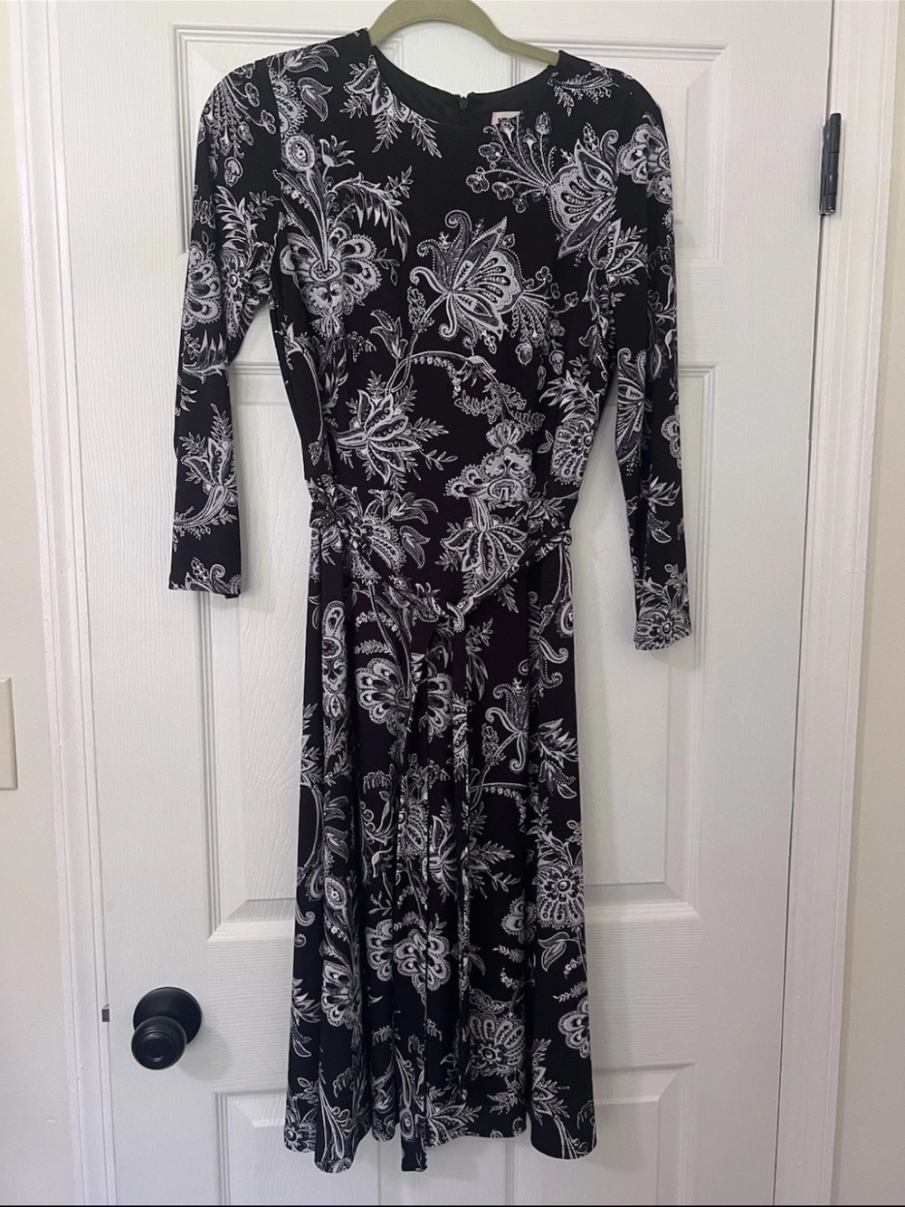 Anne Klein Black & White Paisley Long Sleeve Midi Dress A-line 6